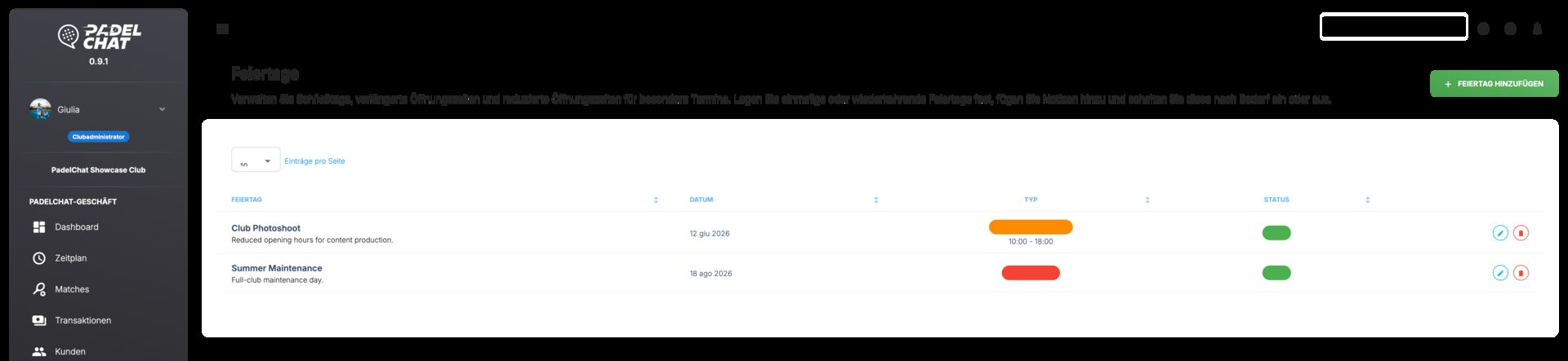 Operatives Dashboard - Feiertagsschließungen