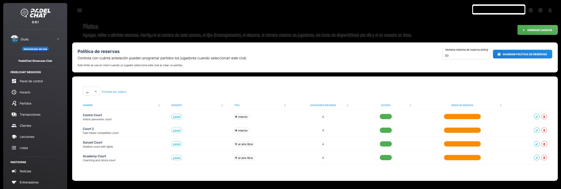 Panel operativo - Configuración de pistas