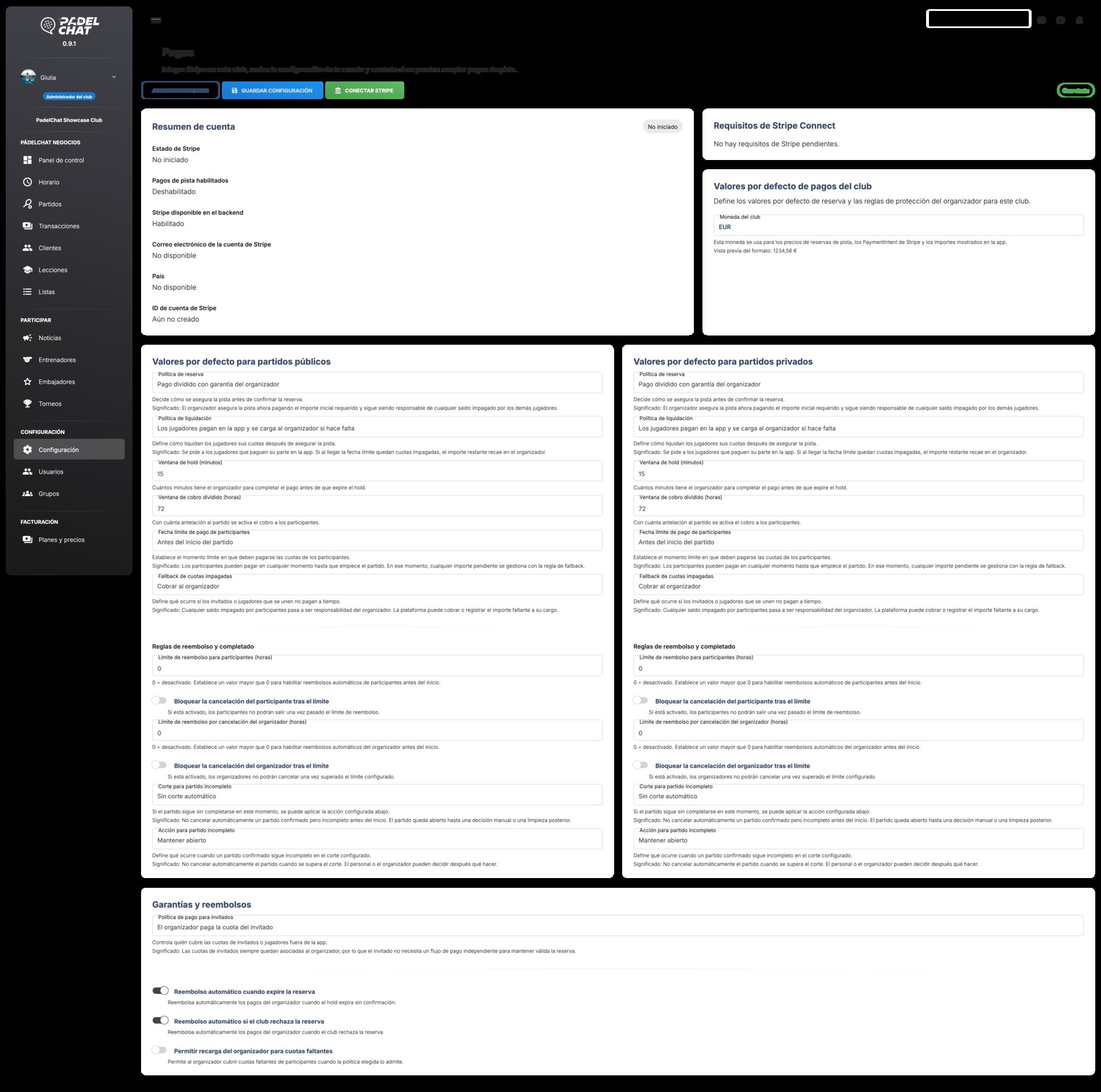 Pagos, reembolsos y Stripe - Configuración de pagos