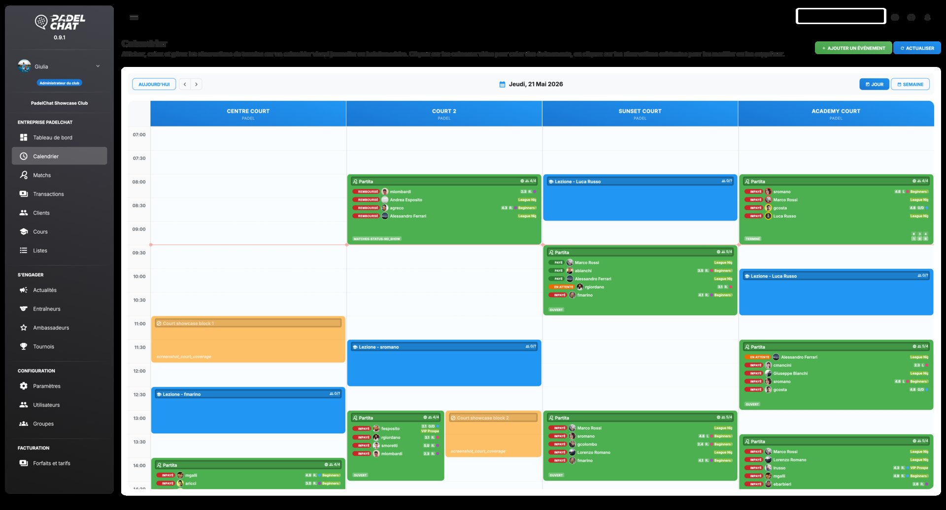 Réservations et calendrier - Planning des terrains